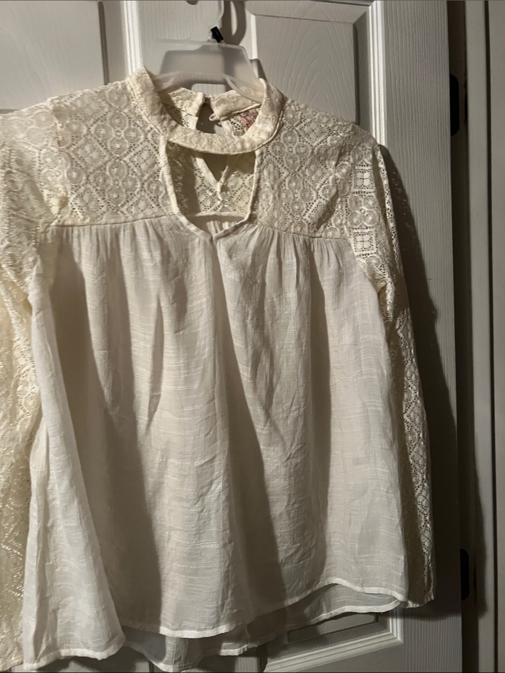 Red Camel Cream Lace Yoke Long-Sleeve Blouse